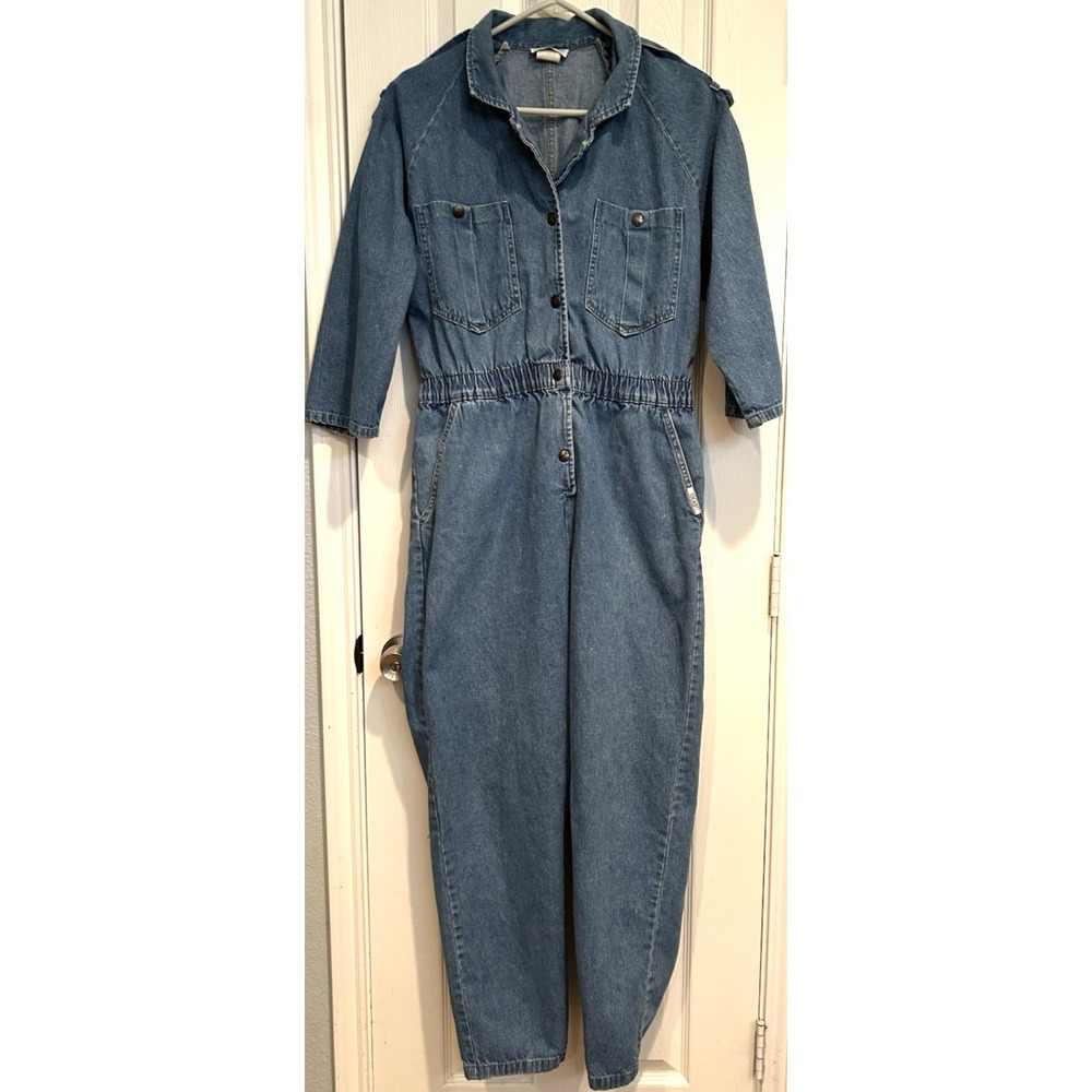 Vtg 80s IDEAS Blue Denim Boiler Jump Suit Womens L Romper Coveralls Jean One Pc